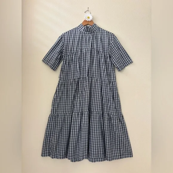 Everlane tiered mock neck dress in ice blue plaid. - Picture 2 of 6